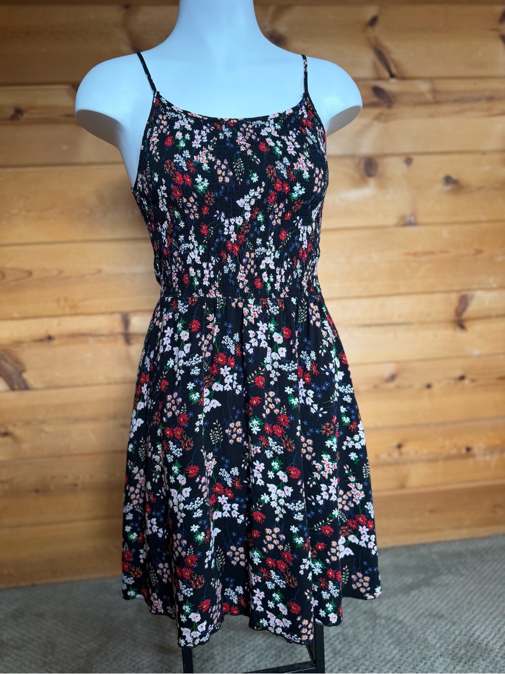 Dream of me medium black floral sundress, smocked short mini spaghetti strap
